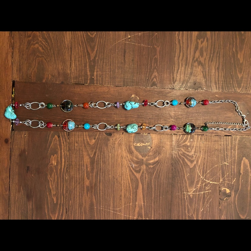Long multi colored silver necklace